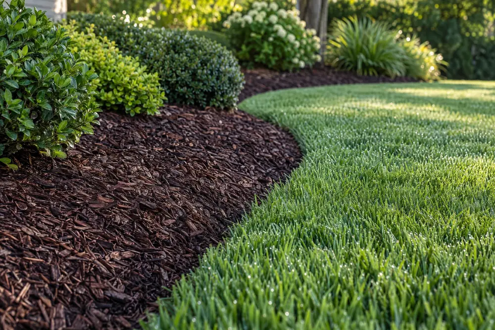 A crisp landscaped bed edge where dark mulch meets bright green lawn