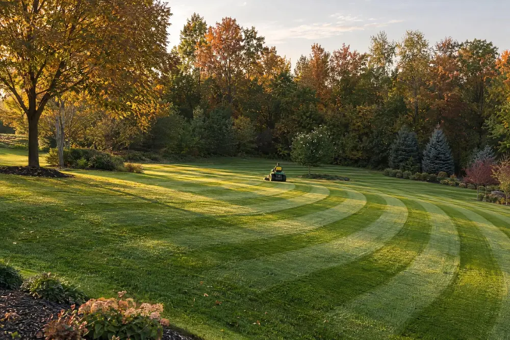 A large residential lawn with bold crisp mowing stripes curving across it