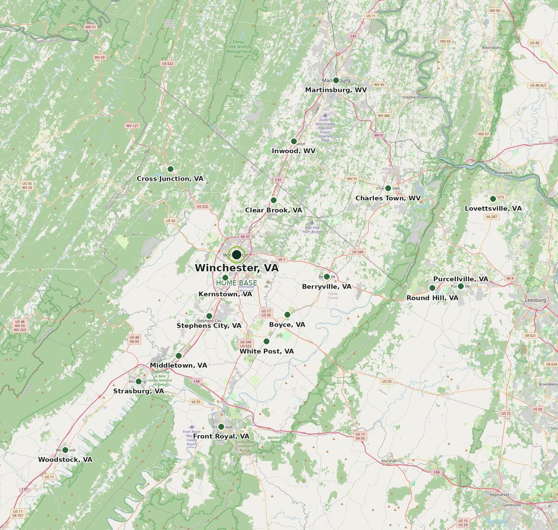 Map of the Grass Meets Blades service area around Winchester, Virginia, showing Stephens City, Clear Brook, Middletown, Boyce, White Post, Cross Junction, Kernstown, Berryville, Front Royal, Strasburg, Woodstock, Purcellville, Round Hill, Lovettsville, Martinsburg, Inwood and Charles Town
