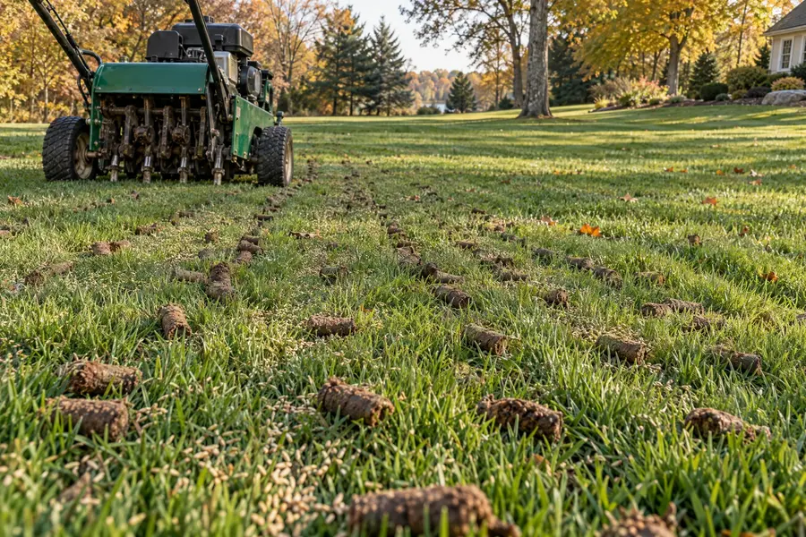 Rows of soil plugs on a green lawn after core aeration and overseeding