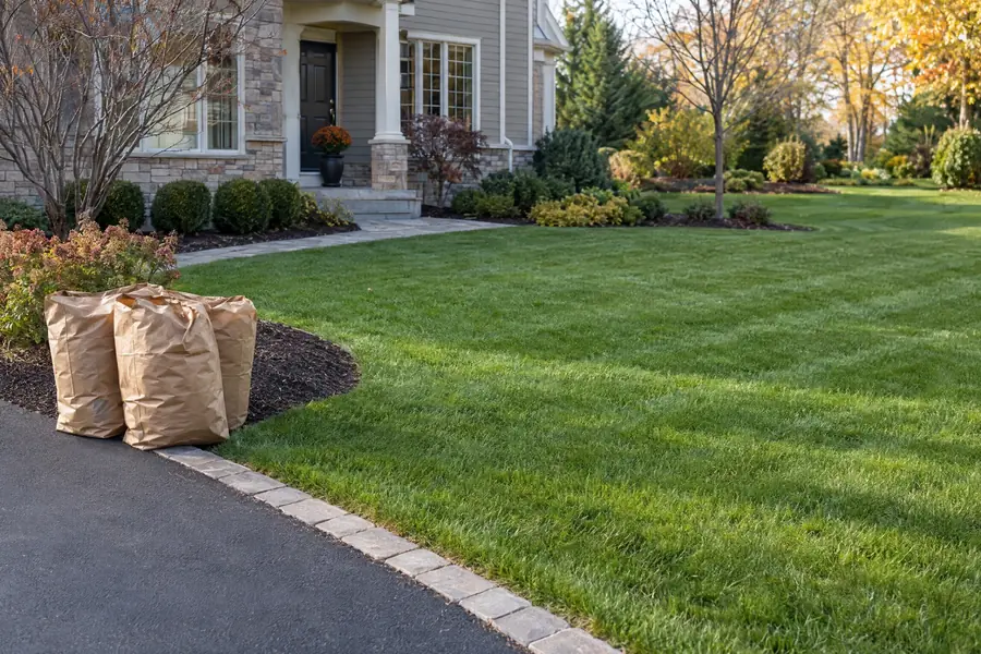 A residential yard after a cleanup with a raked-clean lawn and tidy beds