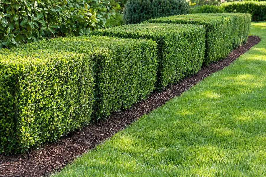 A freshly trimmed boxwood hedge with crisp flat tops and square corners