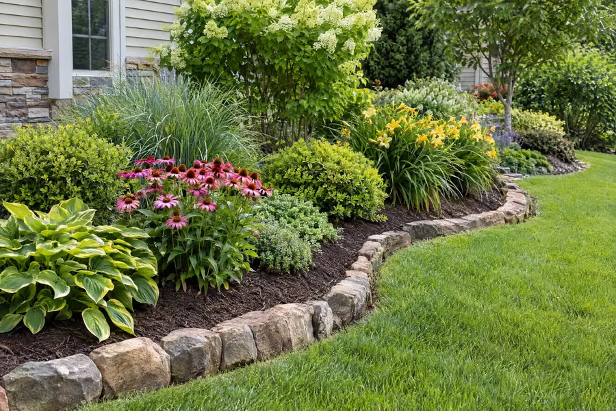 A finished landscape bed with layered shrubs and perennials in fresh mulch
