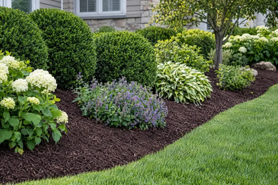 A finished mulch bed with a crisp cut edge and trimmed shrubs
